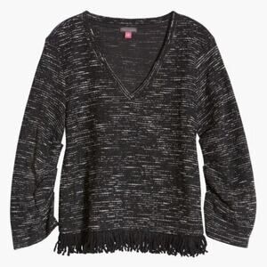 Vince Camuto Women Black Space-Dyed Knit Casual Fringe-Trim V-neck Top Size L